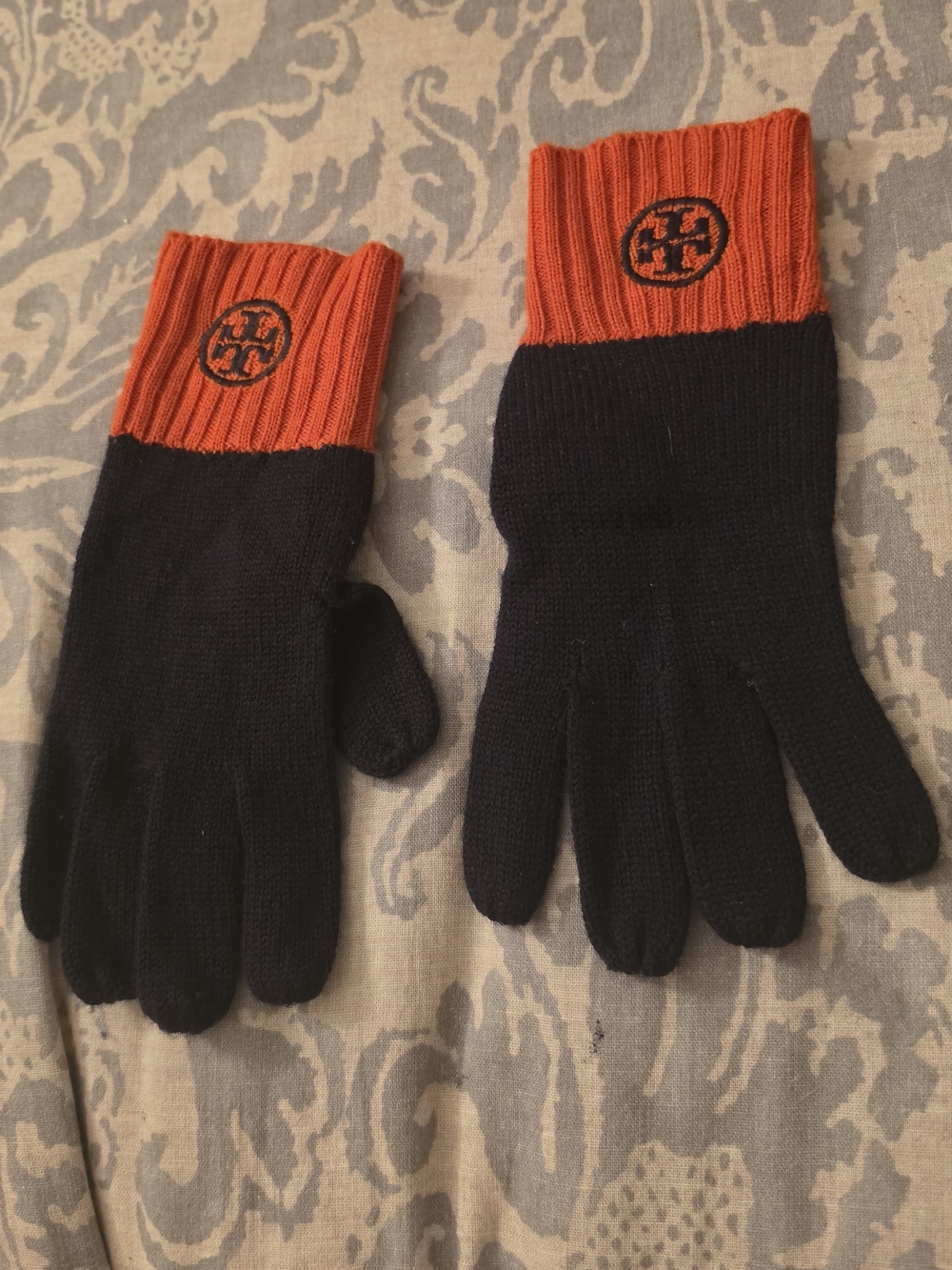 Tory Burch Black Wool Gloves with Orange Ribbed Cuffs